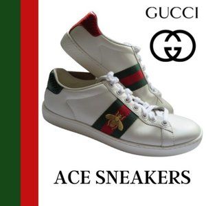 GUCCI ACE LOW TOP EMBROIDERED BEE ~ LOGO EMBOSSED LEATHER SNEAKERS US 6
